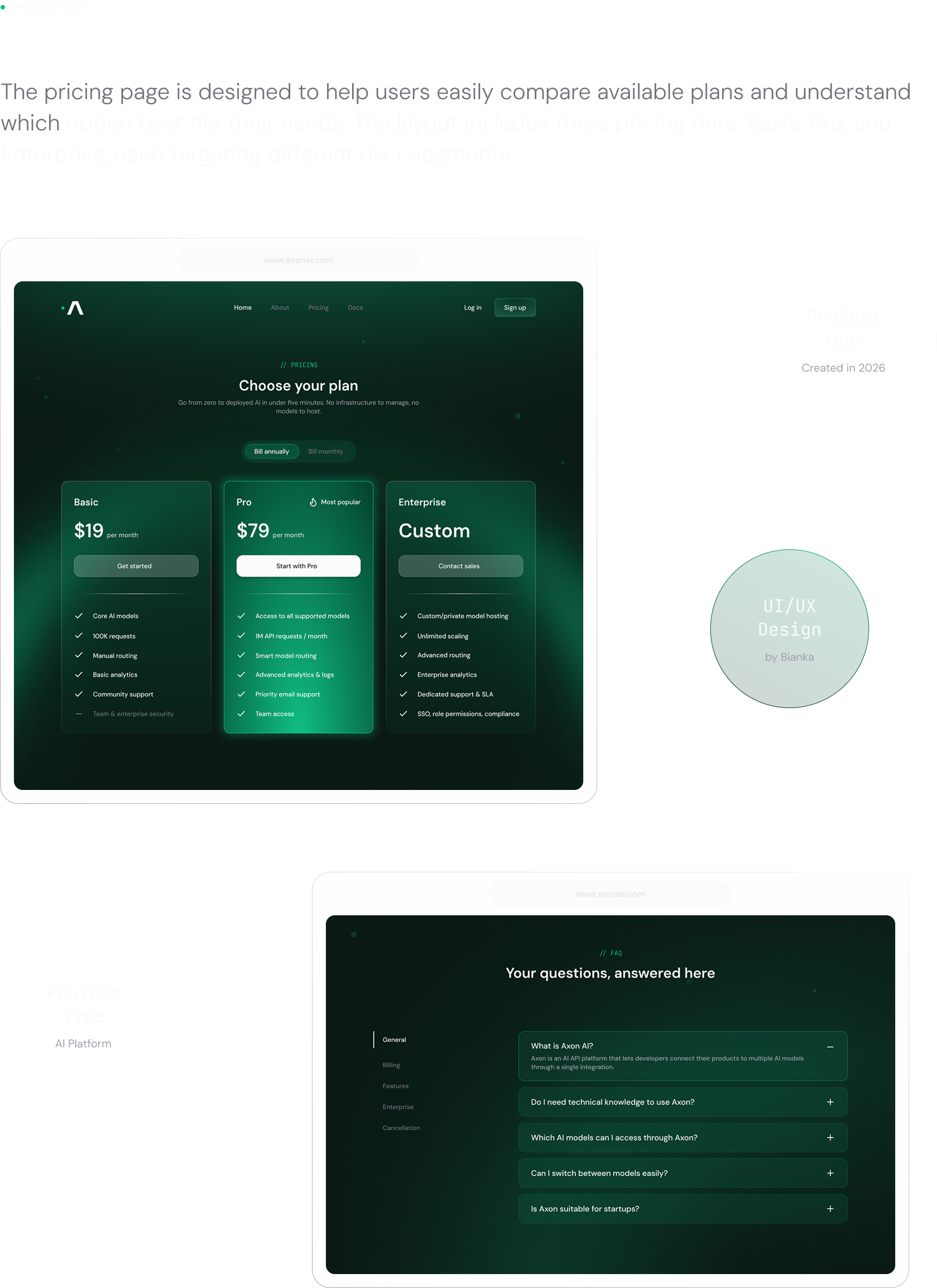 Pricing page: three tiers (Basic, Pro, Enterprise) with Pro highlighted as recommended, plus a categorized FAQ, and project meta (project year 2026, UI/UX design by Bianka, AI platform).