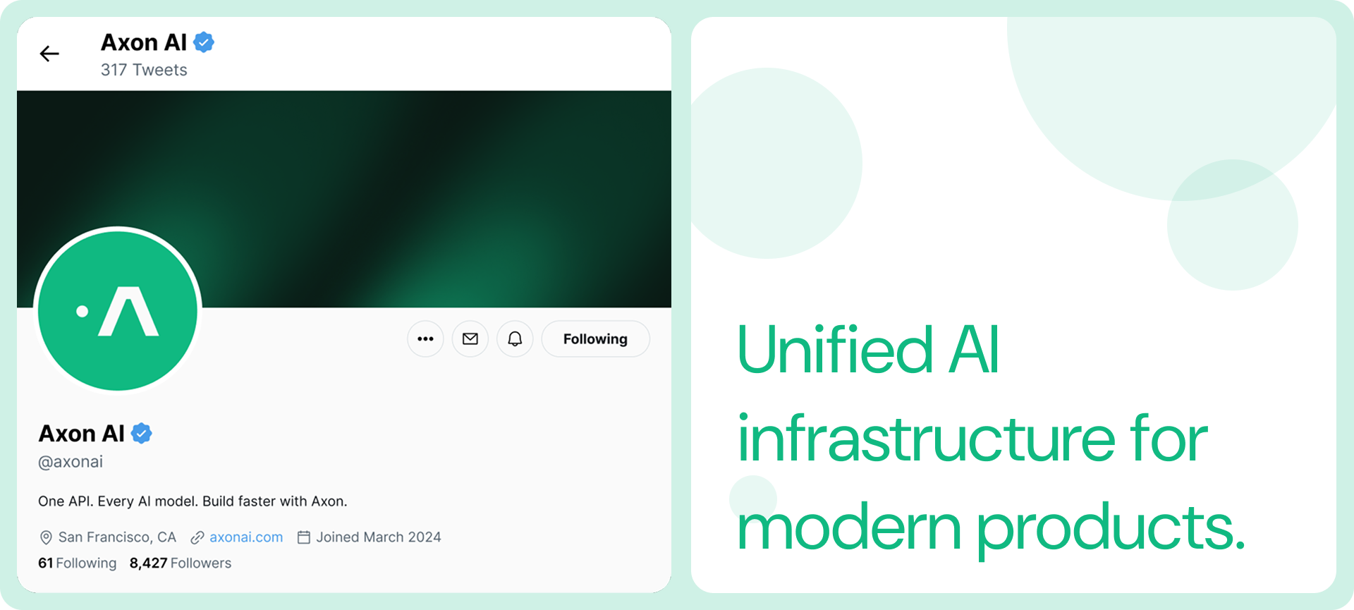 Social media: the Axon AI profile mockup beside the line 'Unified AI infrastructure for modern products.'