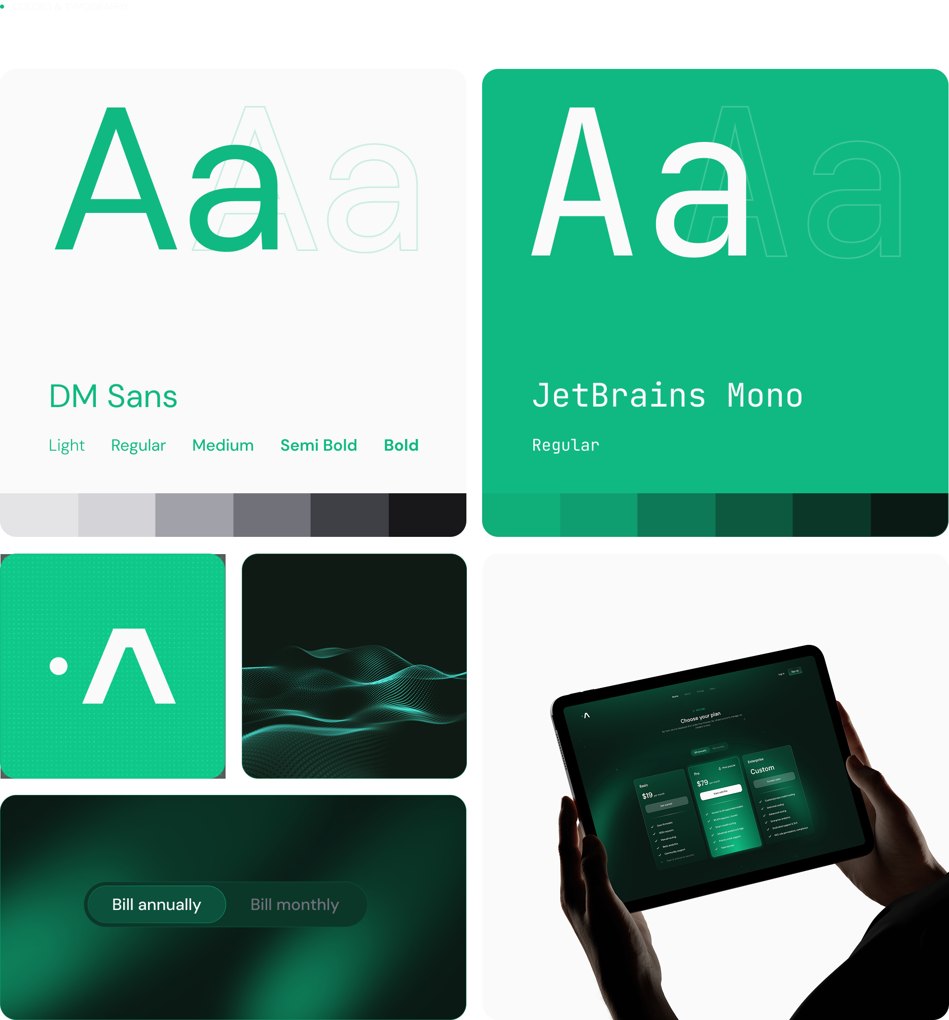 Colors and typography: DM Sans and JetBrains Mono type specimens, the green palette, and the Axon logo and UI element studies.