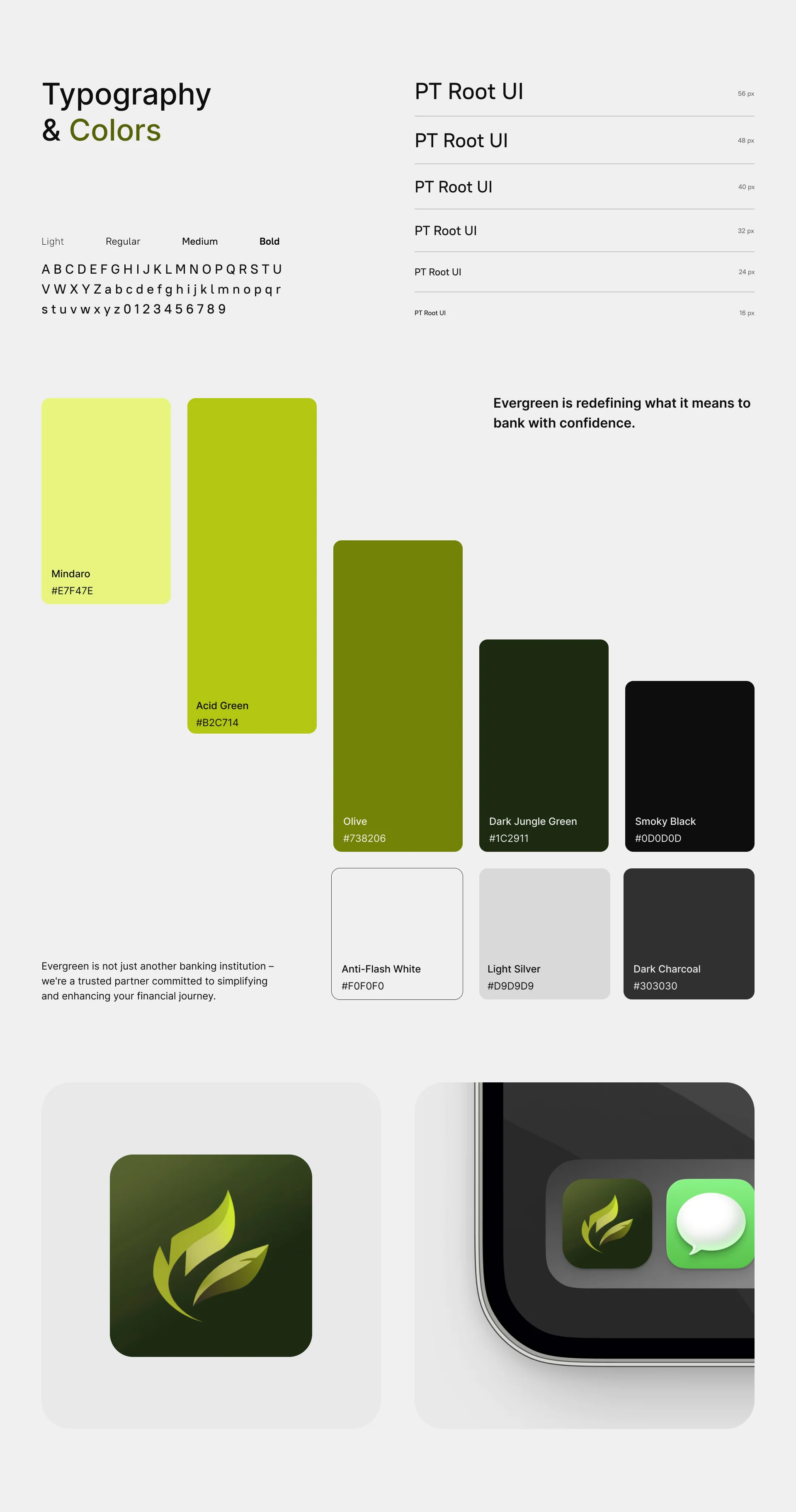 Evergreen typography and colour: PT Root UI with the palette (Mindaro, Acid Green, Olive, Dark Jungle Green, Smoky Black) and the leaf app icon.