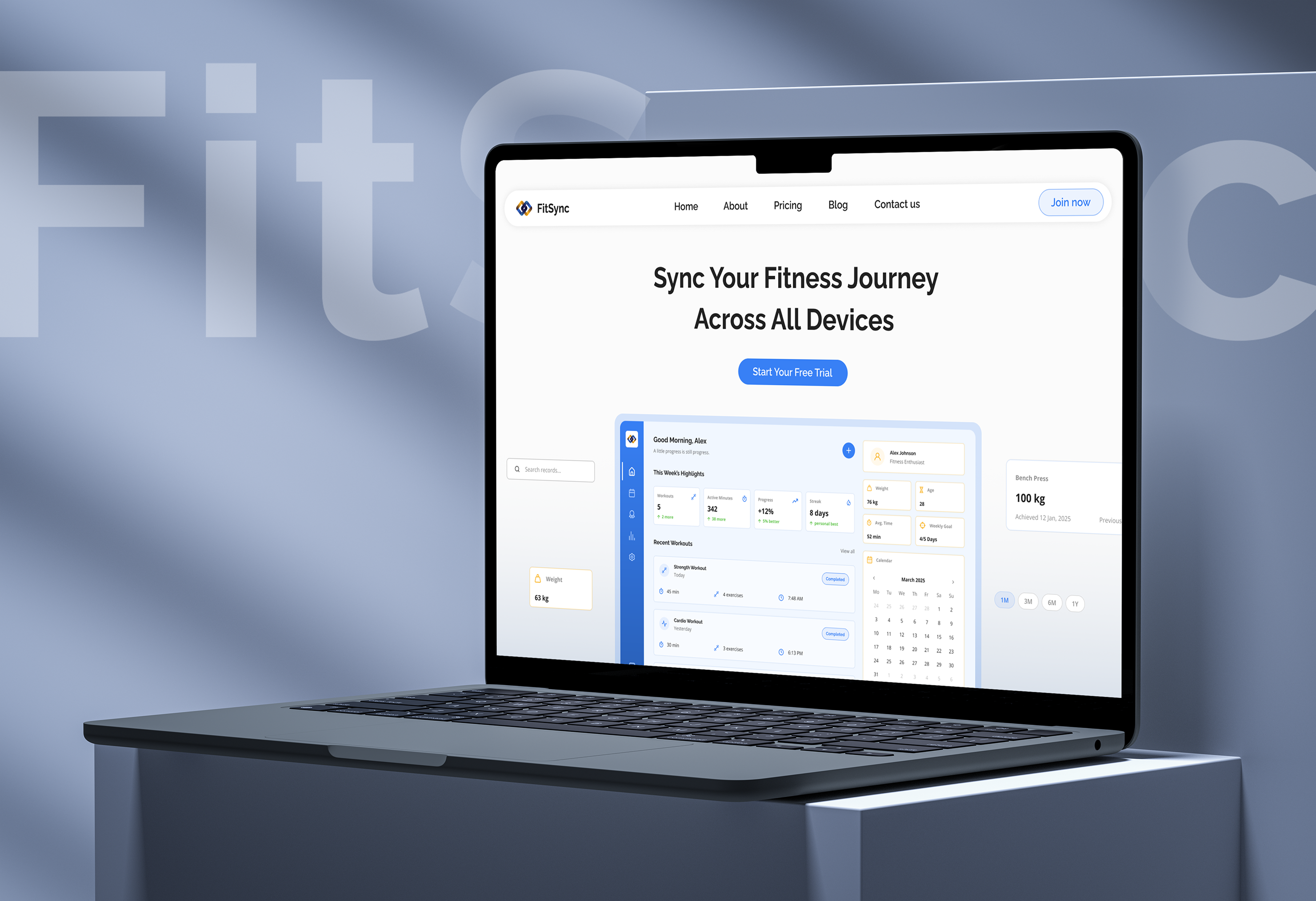 The FitSync marketing site shown on a MacBook: the headline 'Sync Your Fitness Journey Across All Devices' above a dashboard preview.