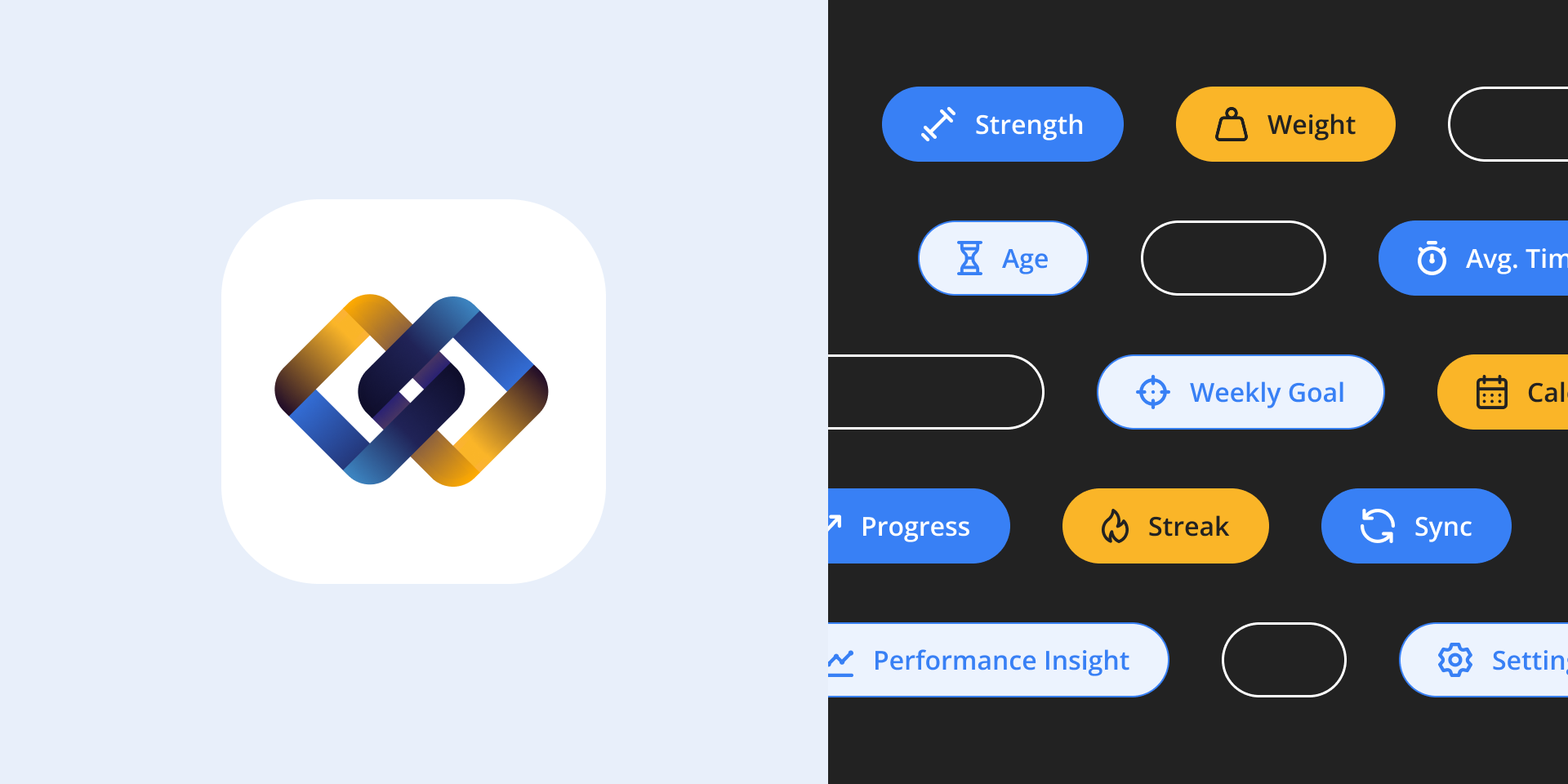 FitSync UI elements: pill buttons for Strength, Weight, Age, Avg. Time, Weekly Goal, Progress, Streak, Sync, and the FitSync logomark.