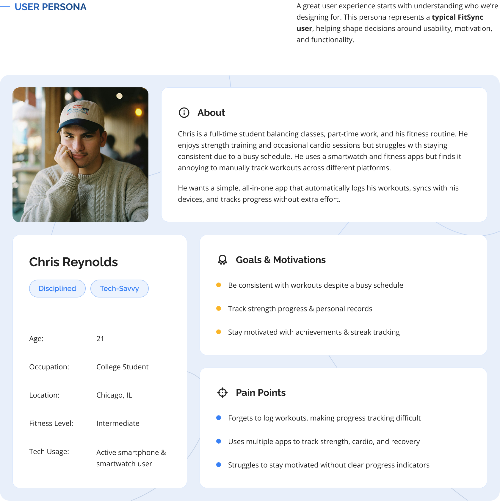 FitSync user persona: Chris Reynolds, 21, a tech-savvy college student, with his goals, motivations, and pain points around tracking workouts.