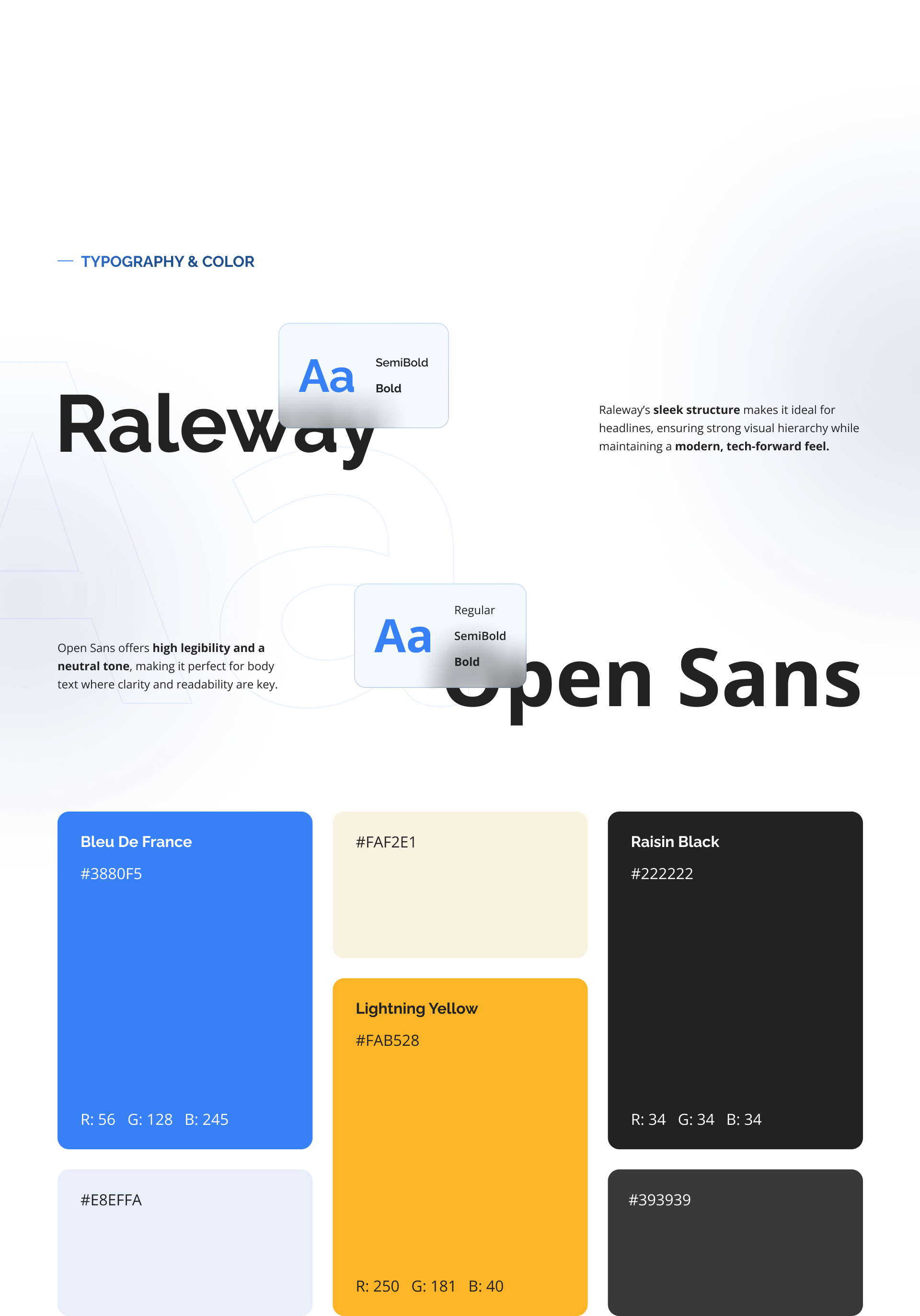 FitSync typography and colour: Raleway and Open Sans, with the palette (Bleu De France, Lightning Yellow, Raisin Black, cream, periwinkle), shown on a dark mesh background.