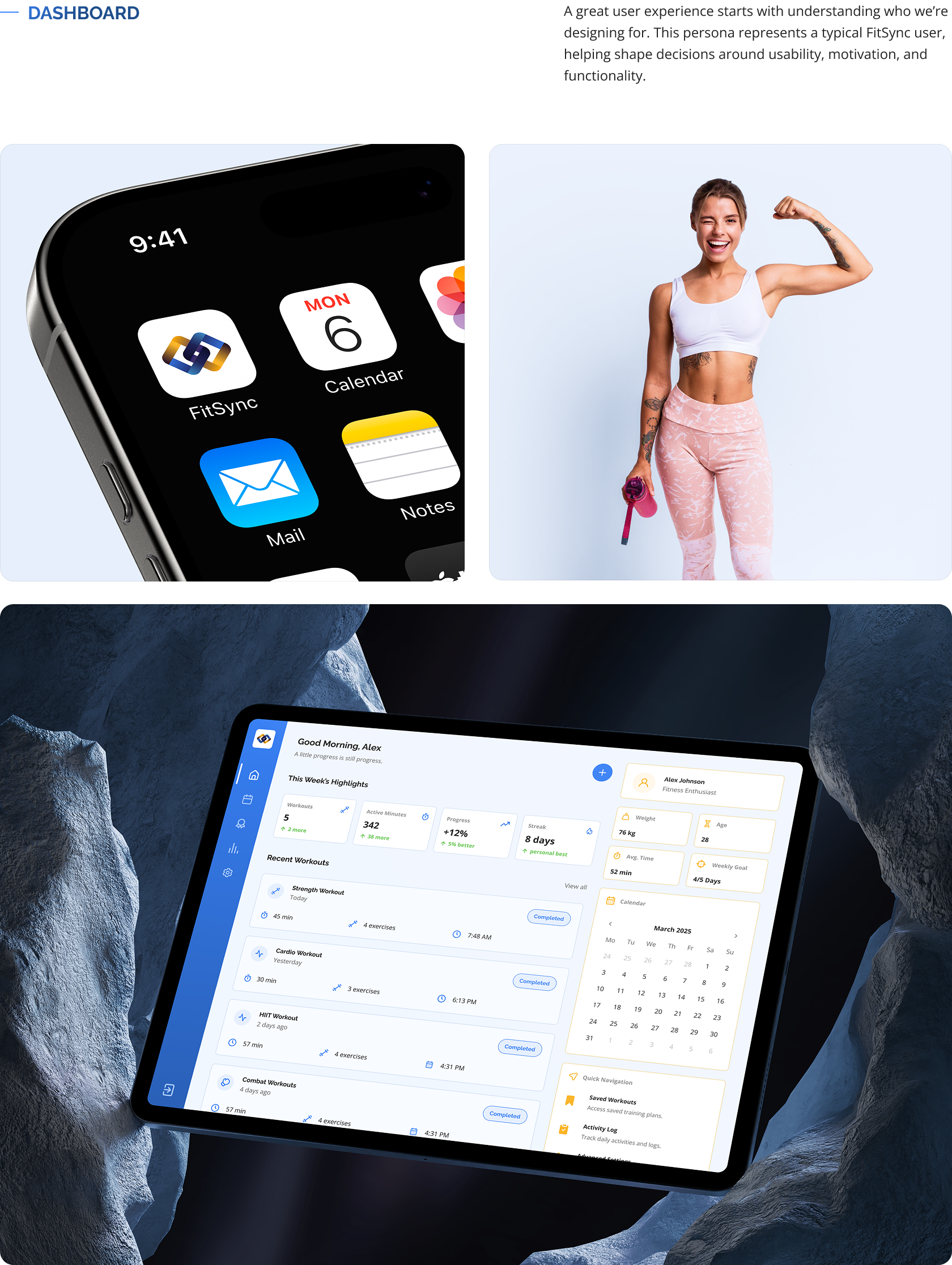 FitSync dashboard: the app icon on an iPhone home screen, a fitness model, and the dashboard shown on a tablet held over stone.