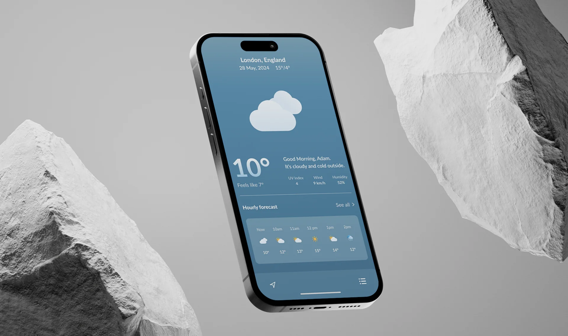 The Nimbus weather app shown on a phone floating among white stones: London forecast, 10 degrees, cloudy, with an hourly forecast strip.