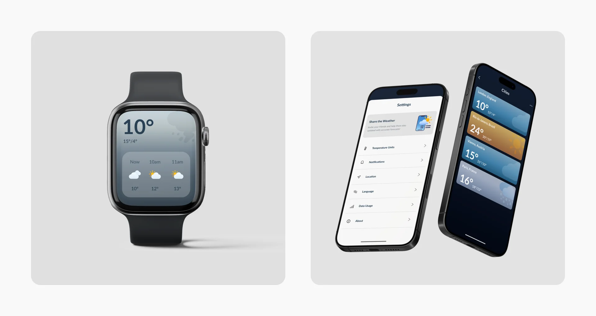 Nimbus on Apple Watch beside the settings and cities phone screens.