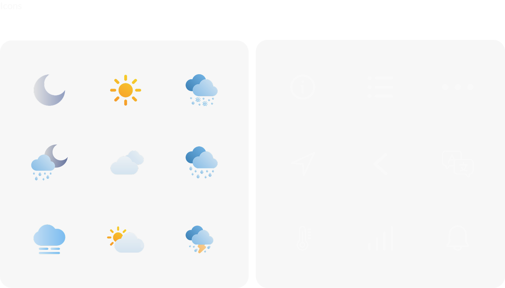 Nimbus icon set: gradient weather icons (sun, moon, cloud, rain, snow, storm) and a set of ghosted UI icons.