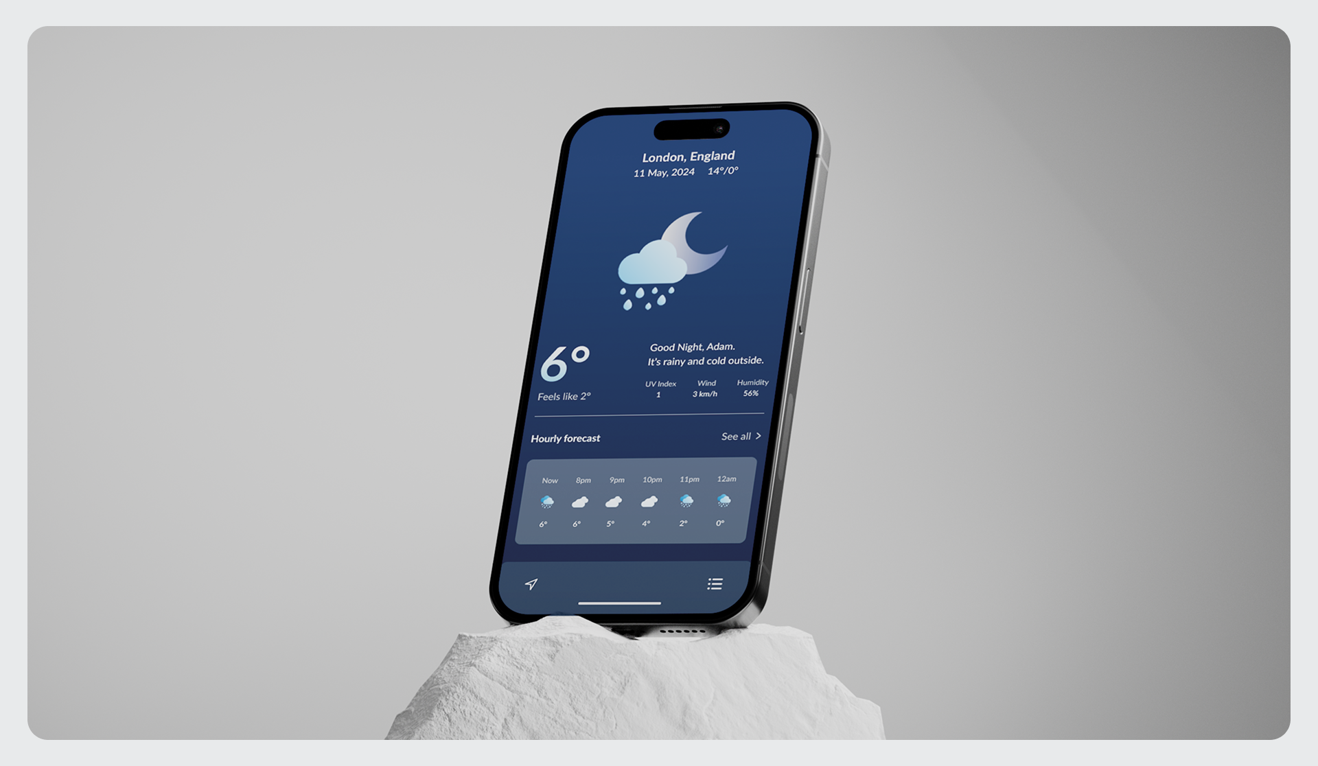 Nimbus dark mode shown on a phone resting on a stone: London night forecast, 6 degrees, with an hourly forecast strip.