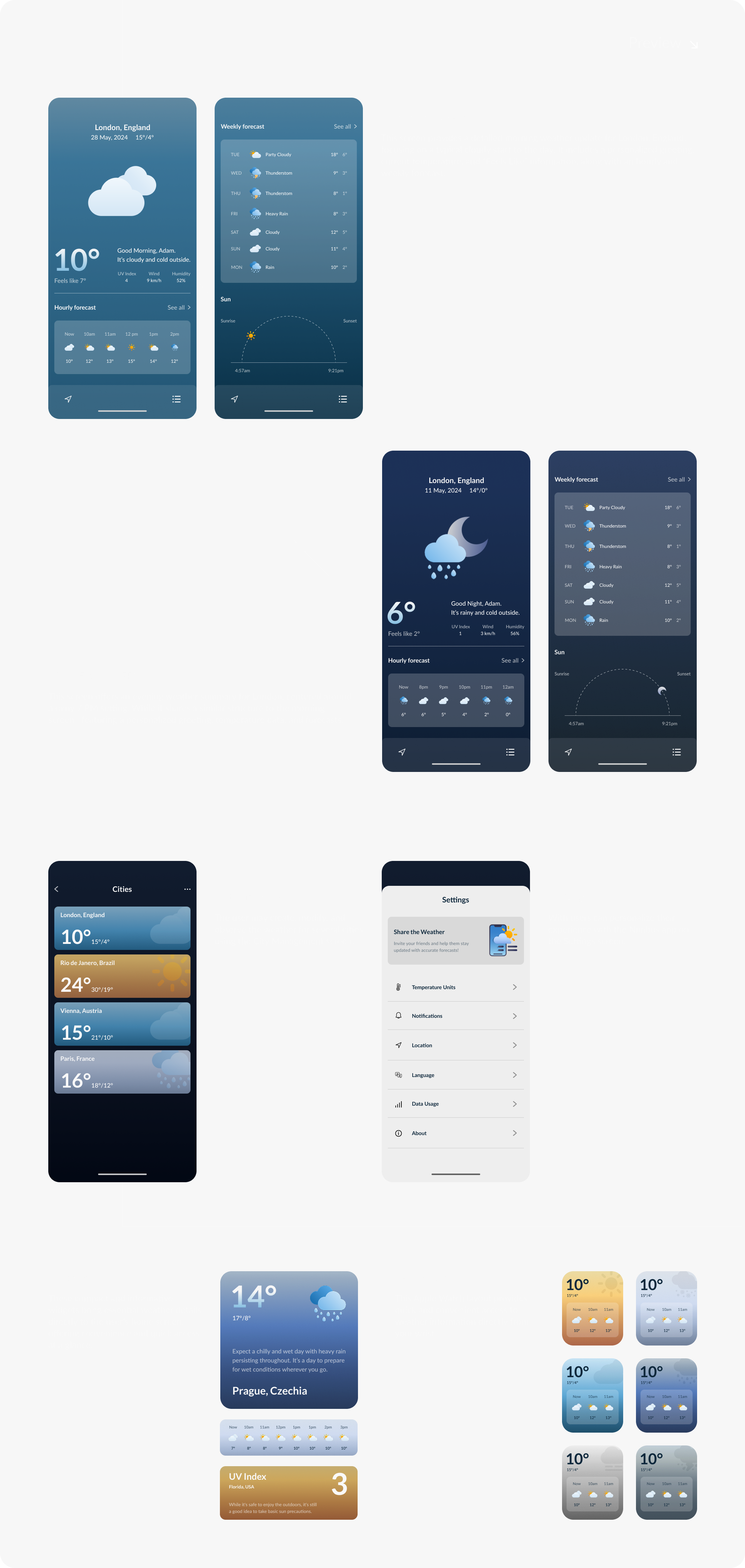 Nimbus preview: the full screen flow of the app laid out, including home, cities, settings, and widgets.