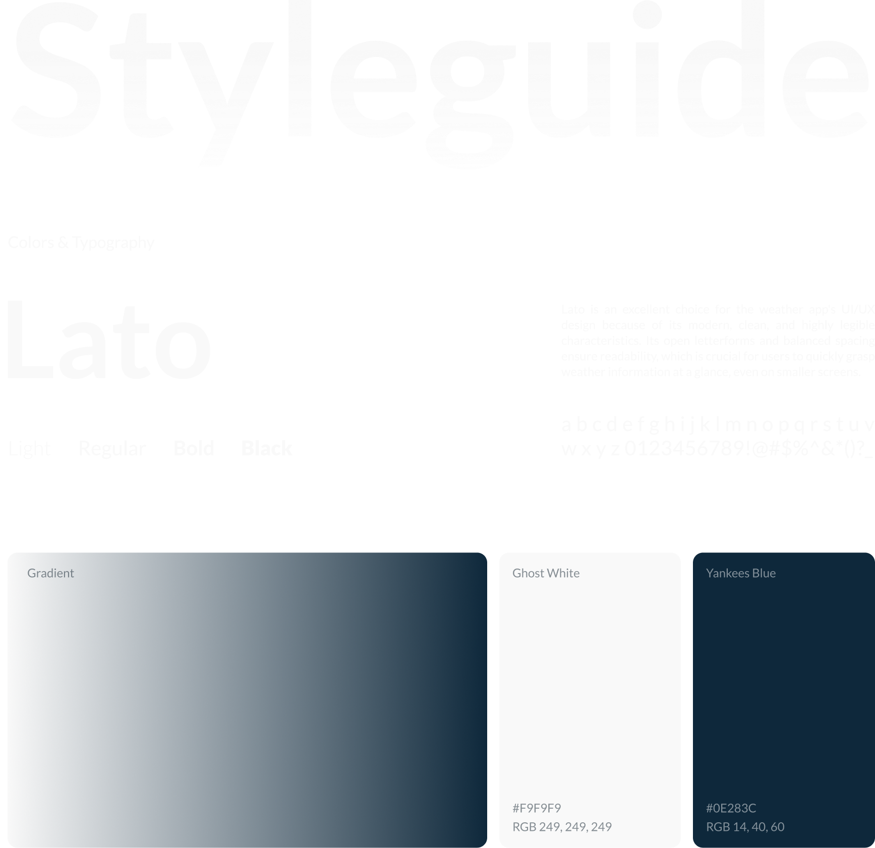 Nimbus styleguide: the Lato typeface (Light, Regular, Bold, Black) and the colour palette (gradient, Ghost White #F9F9F9, Yankees Blue #0E283C).